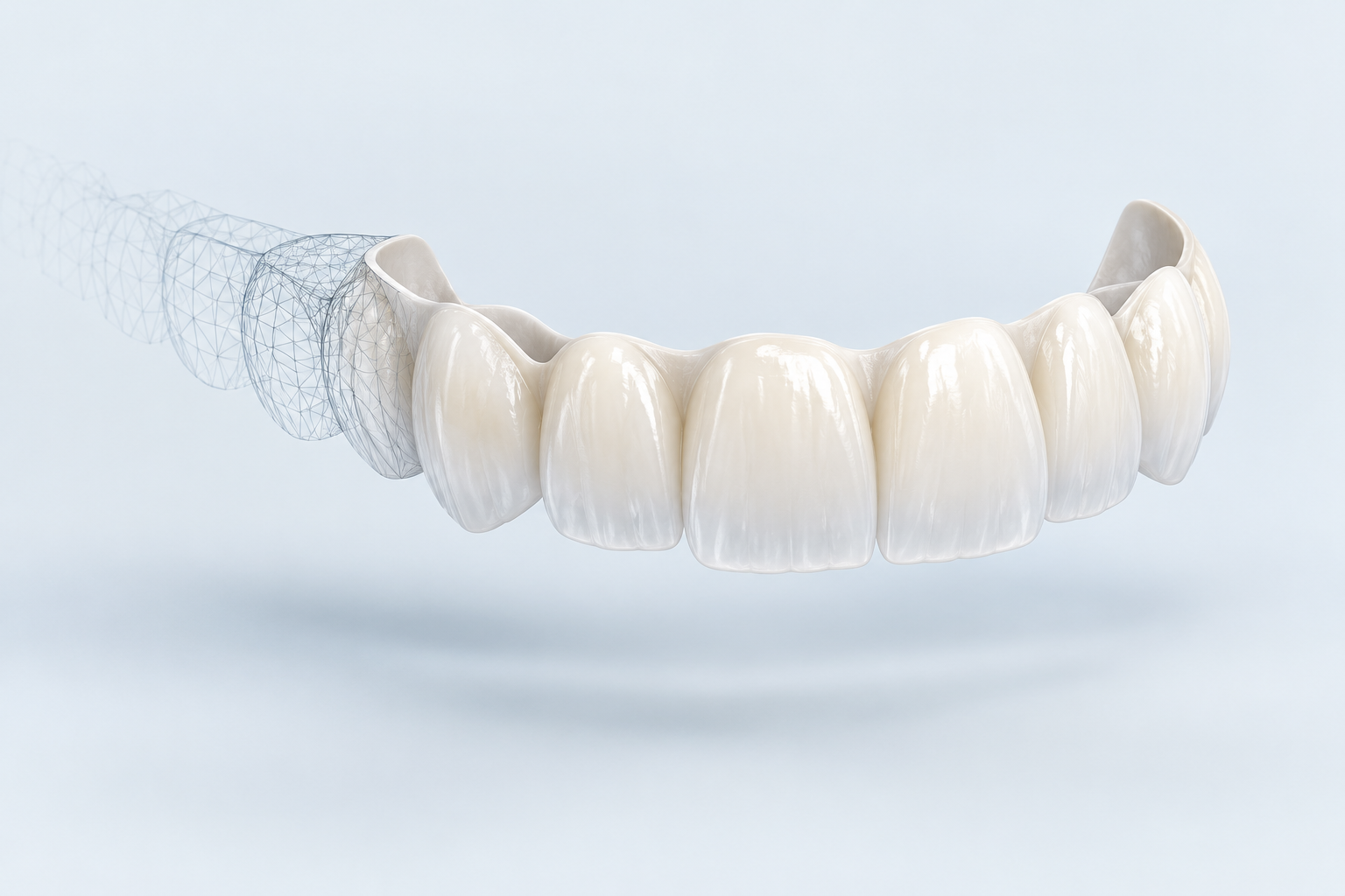 Concept illustration of a white dental restoration shell transitioning from a digital wireframe.